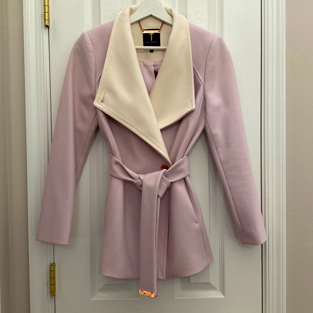 Ted Baker pink / cream belted wrap short coat size 1 (US 4)